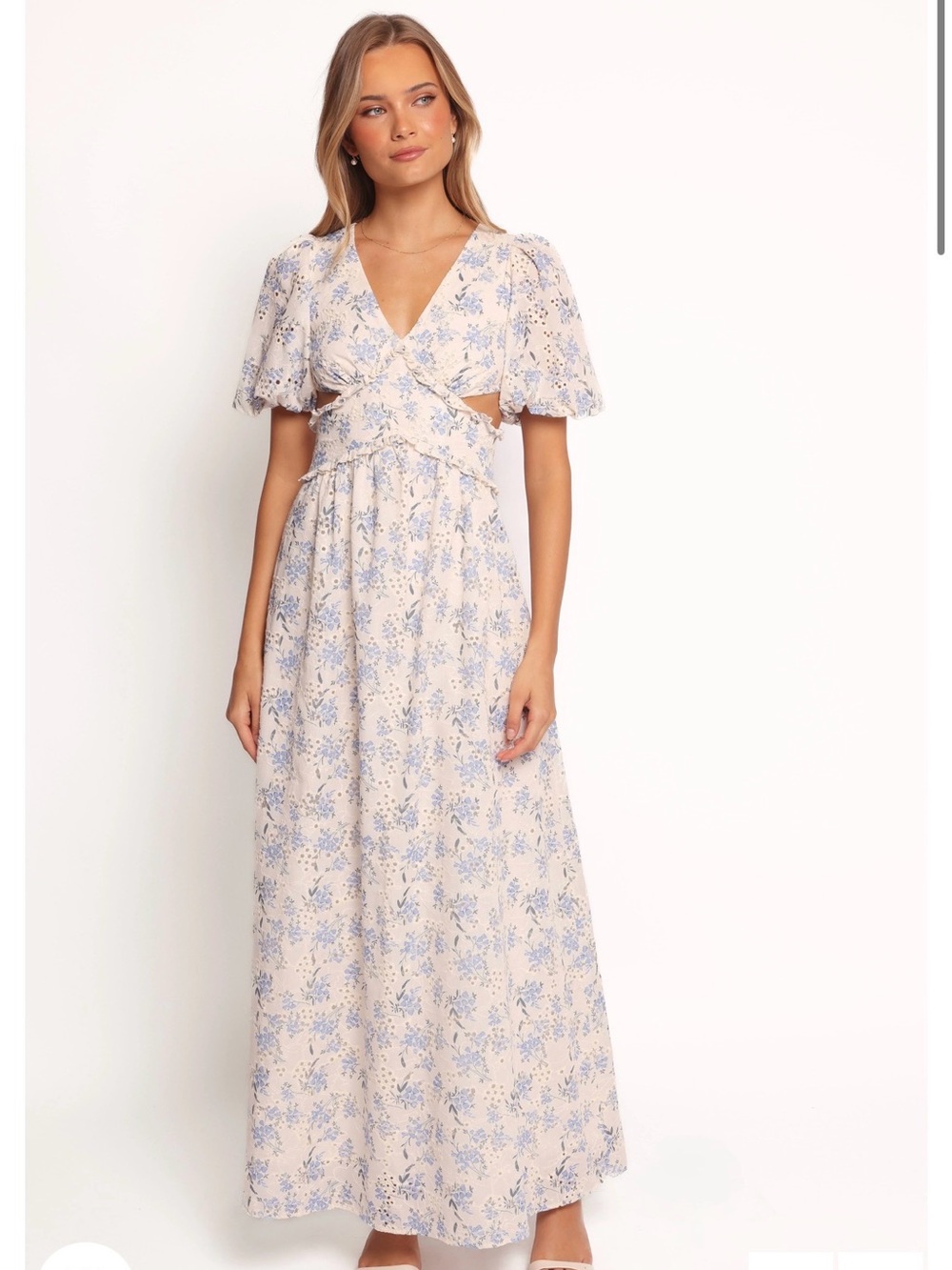 Petal & Pup Jemima Puff Shoulder Maxi Dress with Blue Floral Print